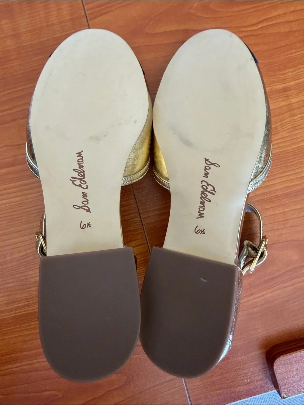 Sam Edelman Gold and Black Quilted Insole Ankle-Strap Flats NWOT